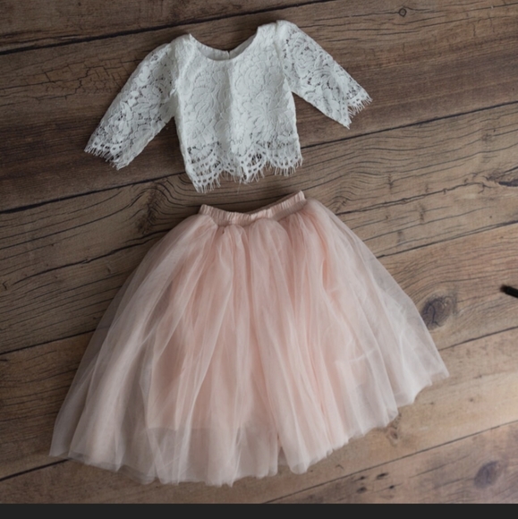 Two Piece Crochet Lace Flower Girl Top, Blush Pink Tulle Princess Tutu Skirt - Picture 8 of 11